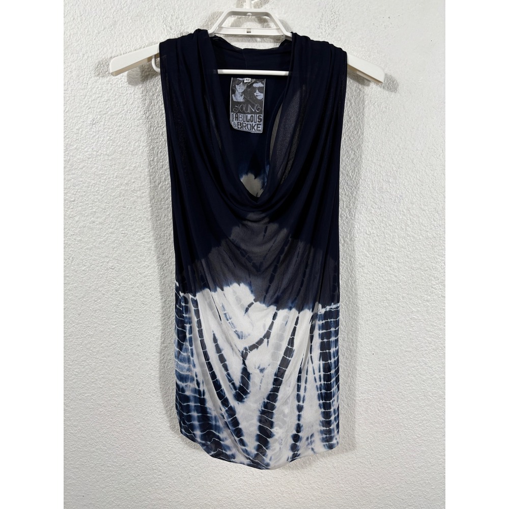 Young‎ Fabulous & Broke Tank Top Women XS Navy Blue Tie Dye Cowl Neck Chiffon